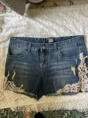 Venus Upcycled Crochet Lace Distressed Denim Shorts Size 12